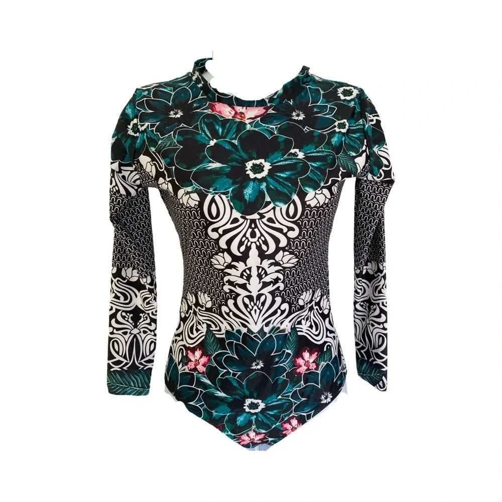Boutique Rashguard UPF Swimsuit - S black blue  print poly elastane, NWOT